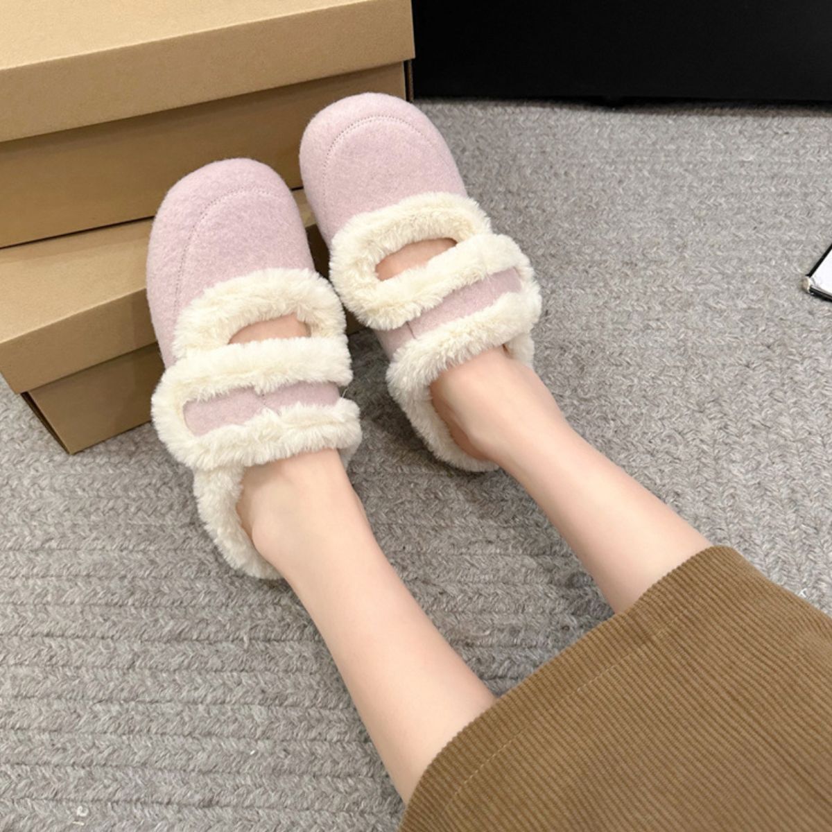 Round toe Flats Furry Slippers Pink
