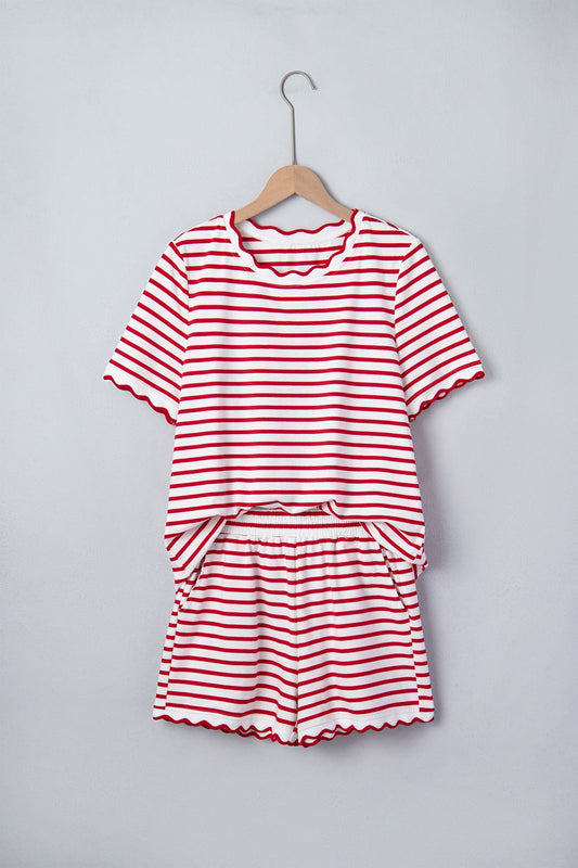 Stripe Scallop Trim Top & Elastic Waist Shorts Set