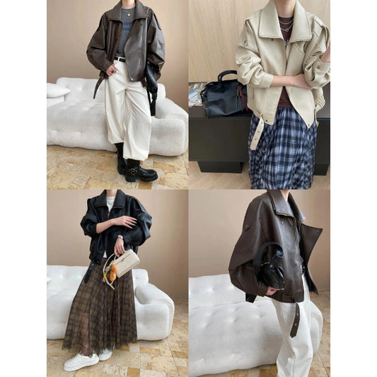 Collage of four images featuring different outfits with a person holding a handbag.