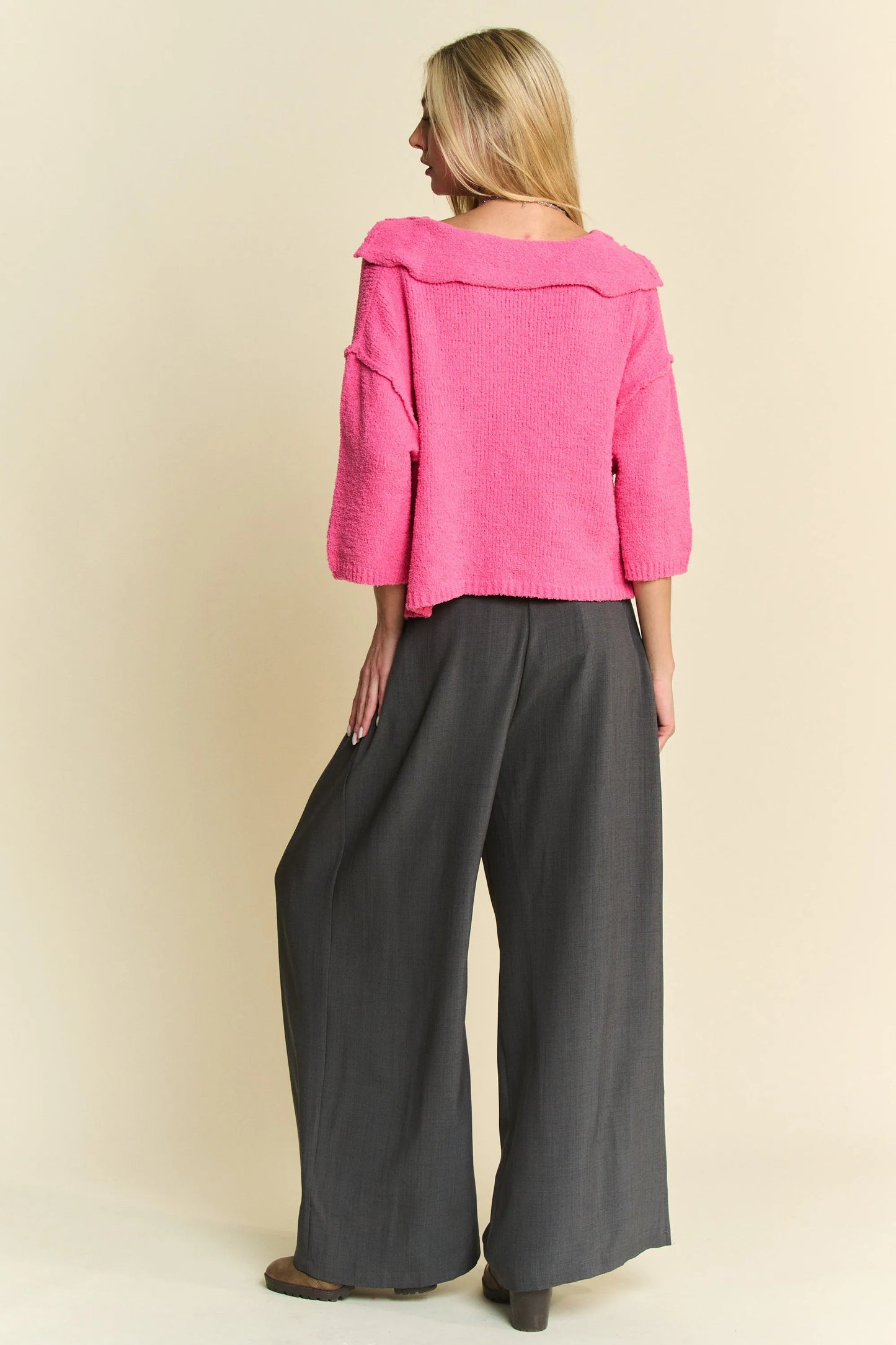 Davi & Dani Solid Back Pocket Shirring Detail Wide Leg Pants
