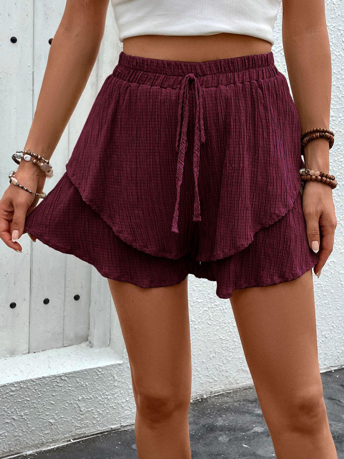 Perfee Tied Layered High Waist Shorts Burgundy