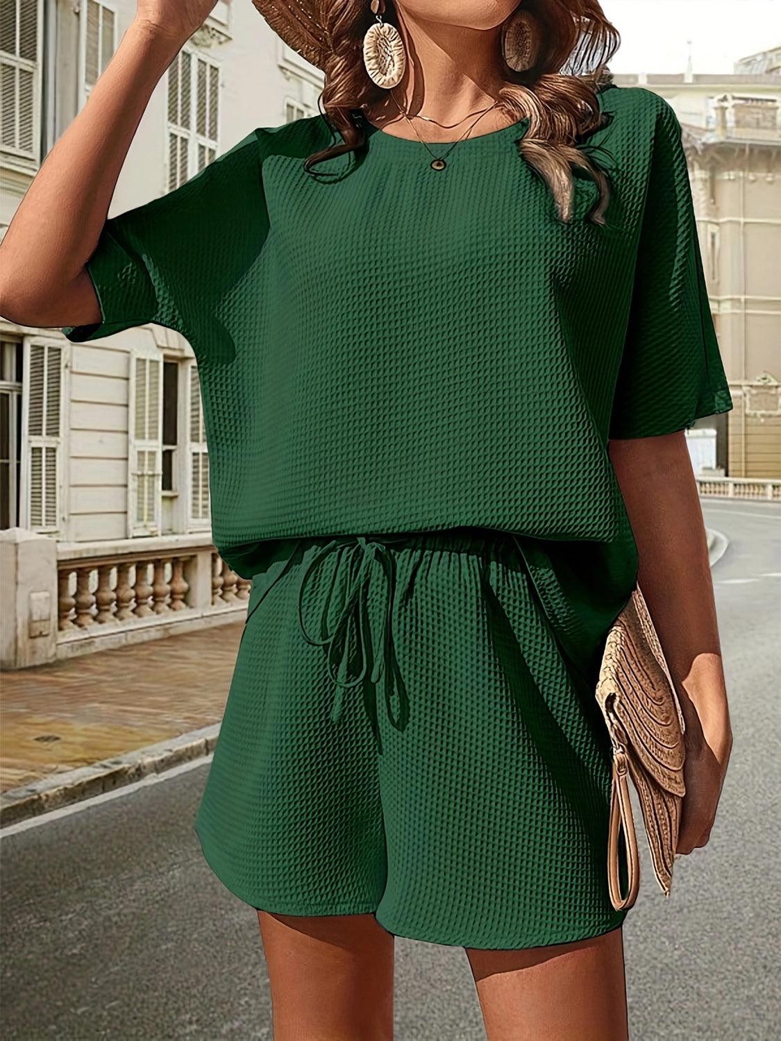 Waffle-Knit Half Sleeve Top and Shorts Set Green