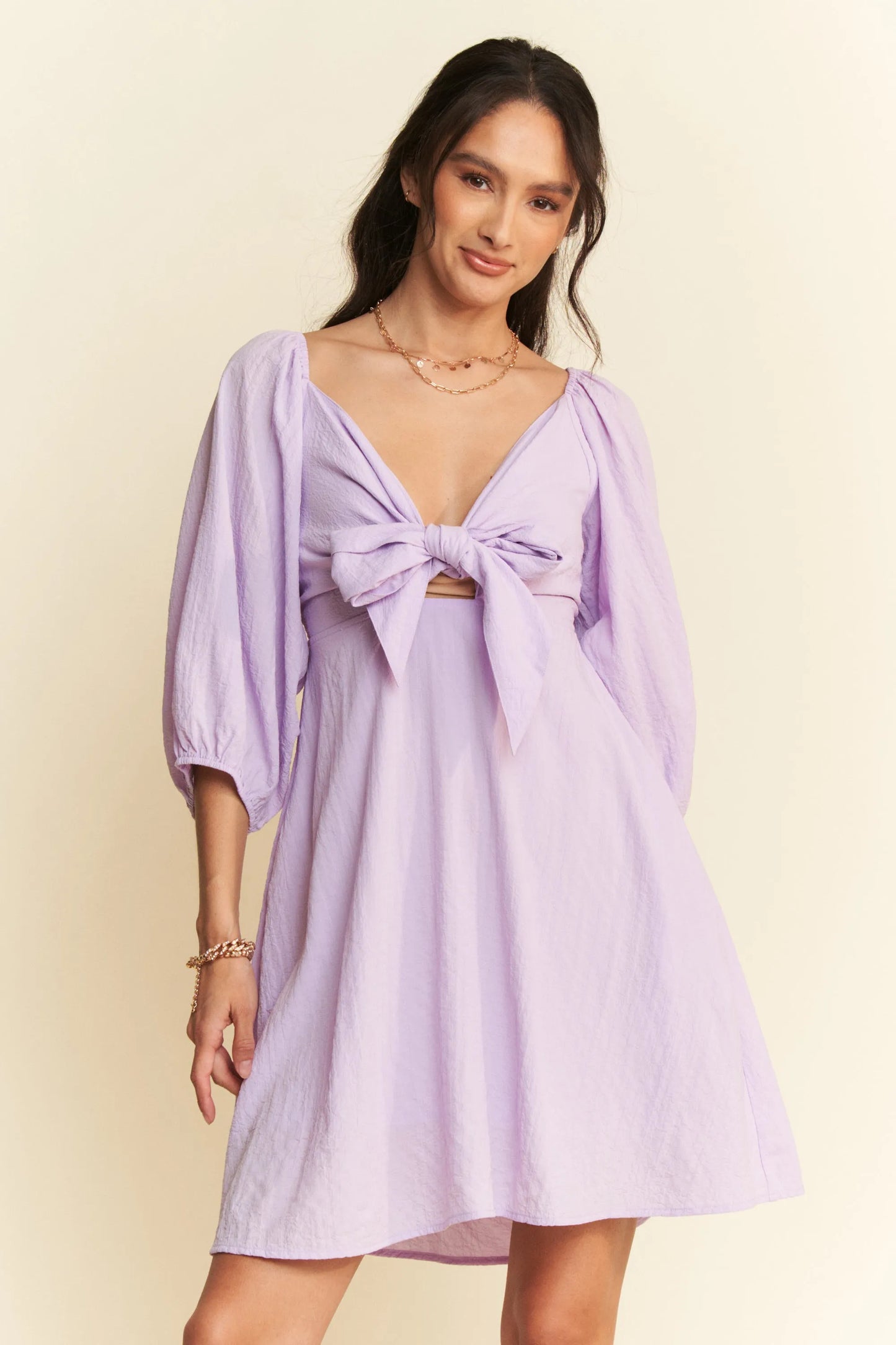 Davi & Dani Self-Tie Puff Sleeve Smocking Open Back Mini Dress LAVENDER