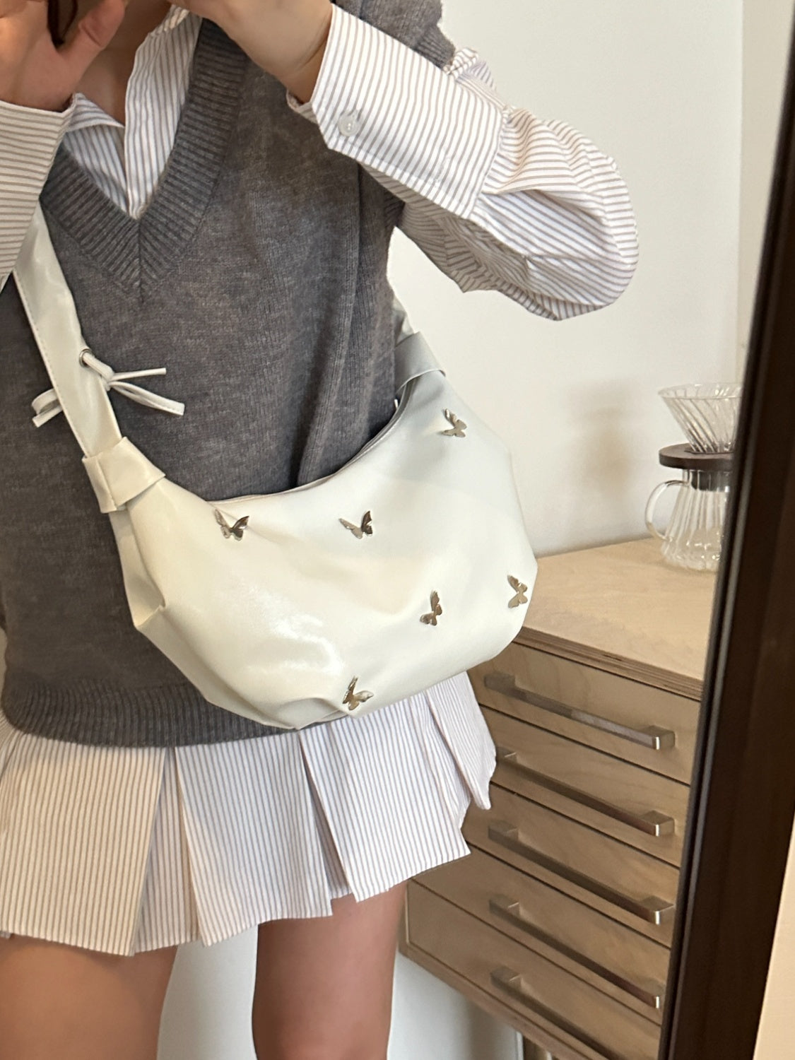 Butterfly Ruched Strap Shoulder Bag White One Size