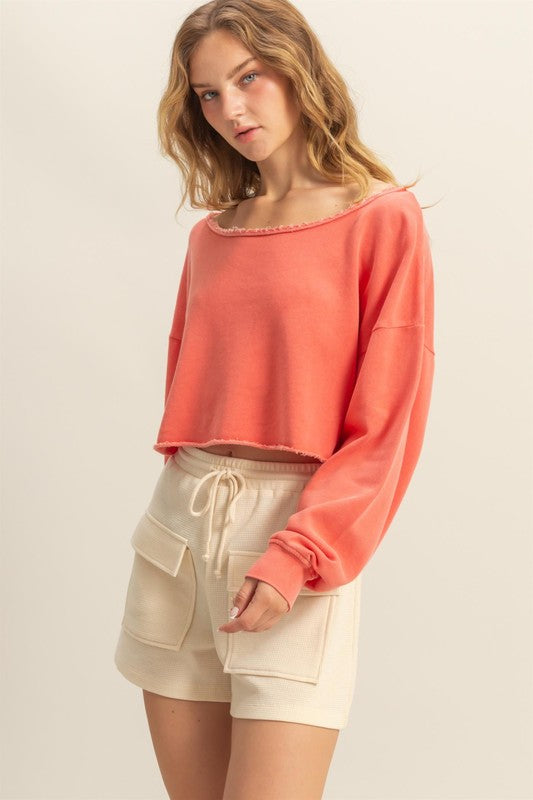 HYFVE Frayed Detail Boat Neck Long Sleeve Crop Top Burnt Coral
