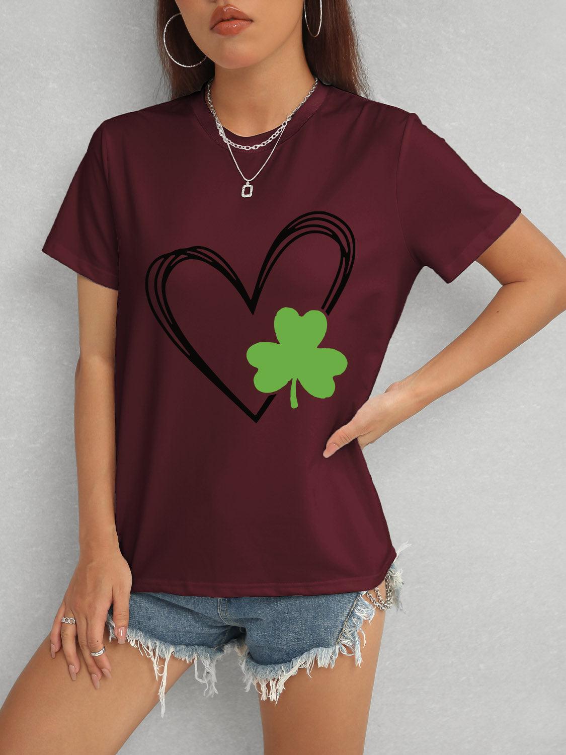 Heart Lucky Clover Short Sleeve T-Shirt Wine