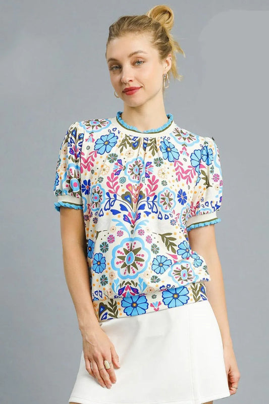 Umgee Retro Floral Puff Sleeve Top Pastel Blue