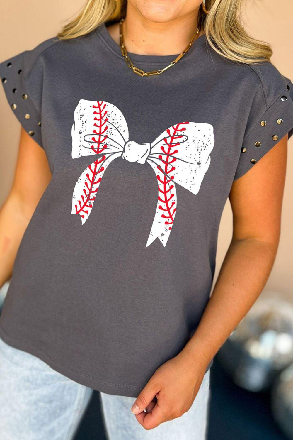 Studded Bow Graphic Round Neck Cap Sleeve T-Shirt Charcoal