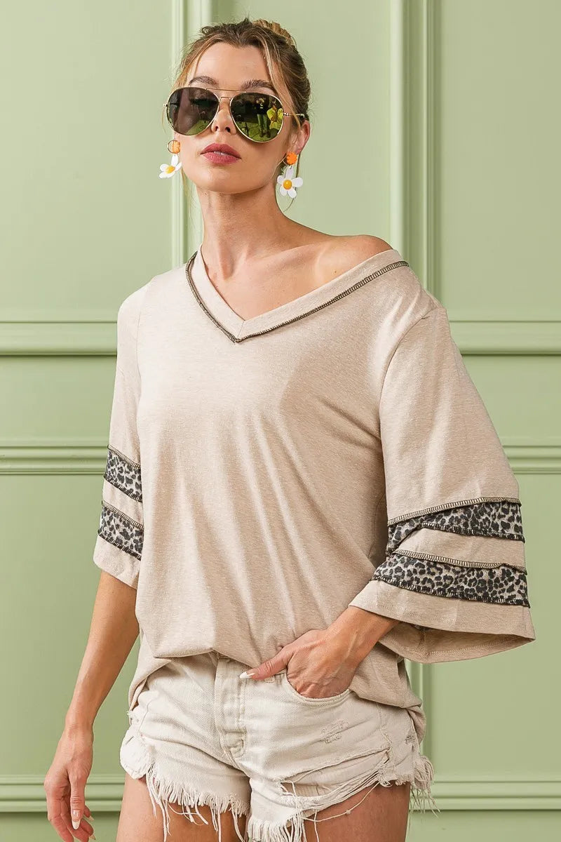 BiBi Triblend Knit Top with Leopard Band Detail
