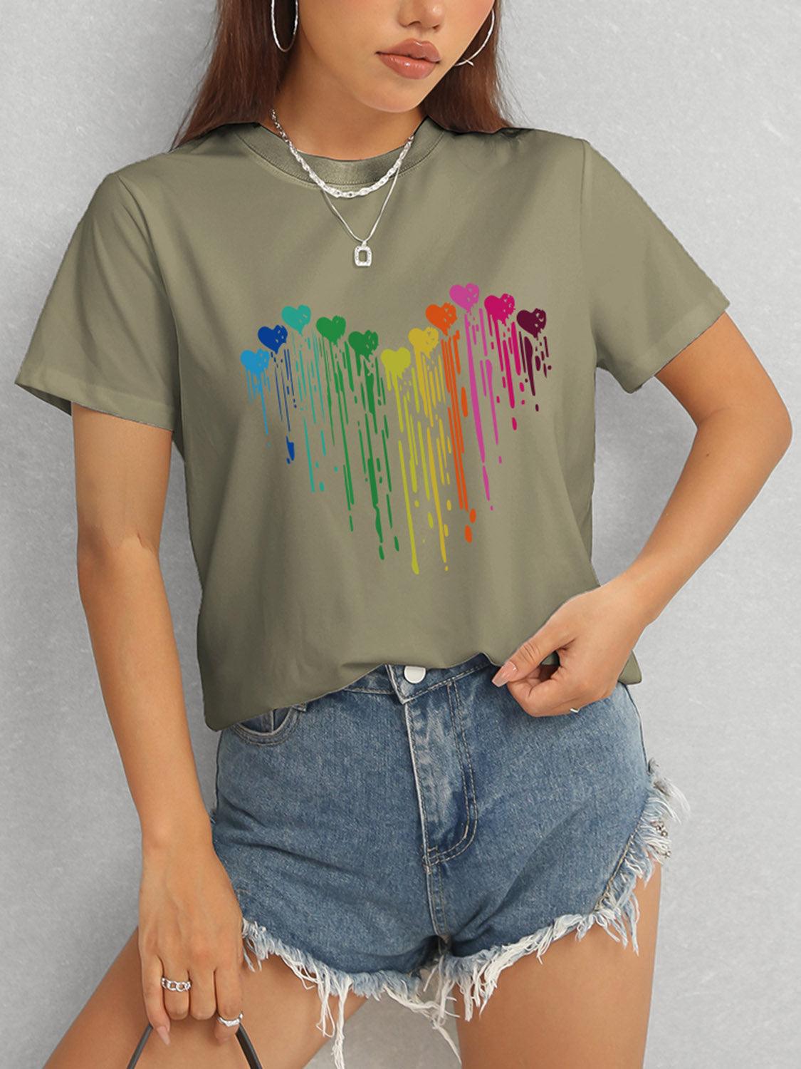 Heart Round Neck Short Sleeve T-Shirt Army Green