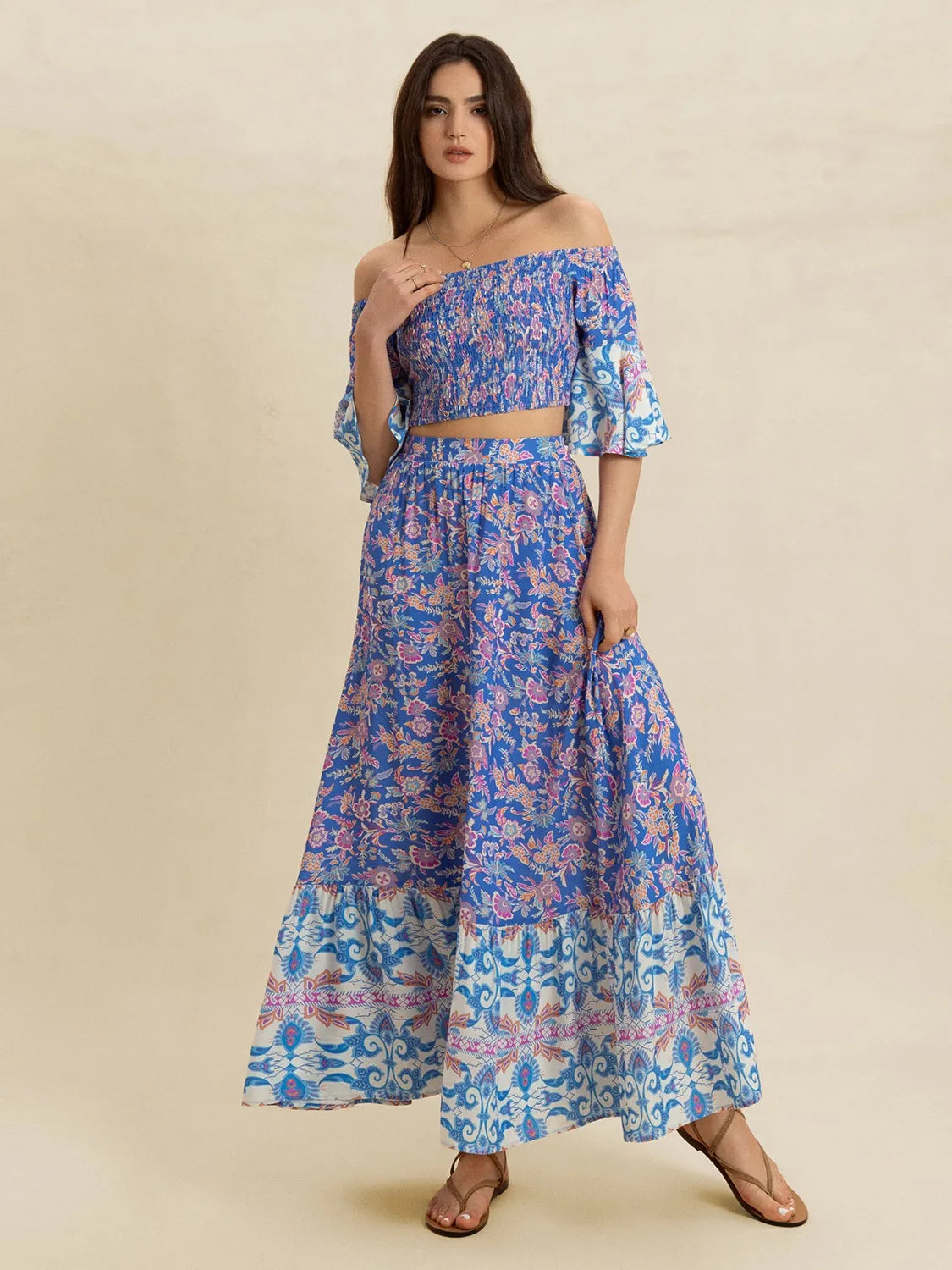 Smocked Off-Shoulder Printed Top and Skirt Set Blue Purple