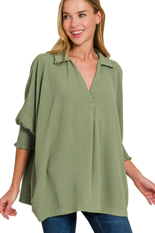 Zenana Airflow Collar Tee with Smocked Sleeve Band Top