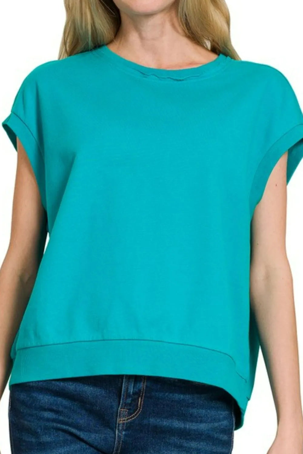 Zenana French Terry Round Neck Cap Sleeve T-Shirt