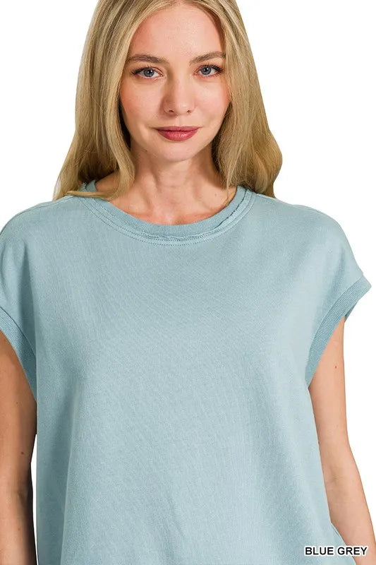 Zenana French Terry Round Neck Cap Sleeve T-Shirt