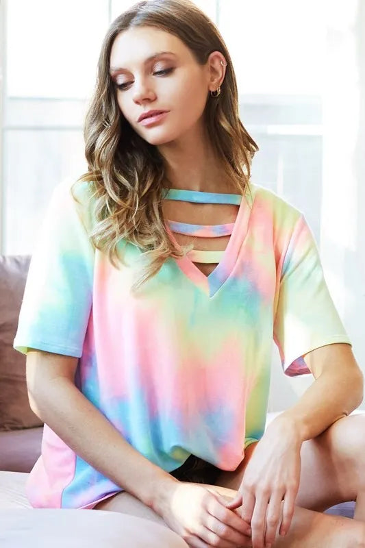 BiBi Tie-Dye V-Neck Short Sleeve T-Shirt PASTEL TIEDYE