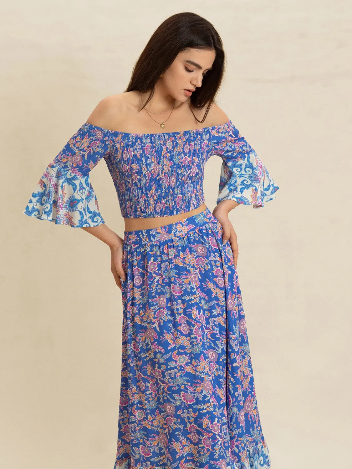 Smocked Off-Shoulder Printed Top and Skirt Set