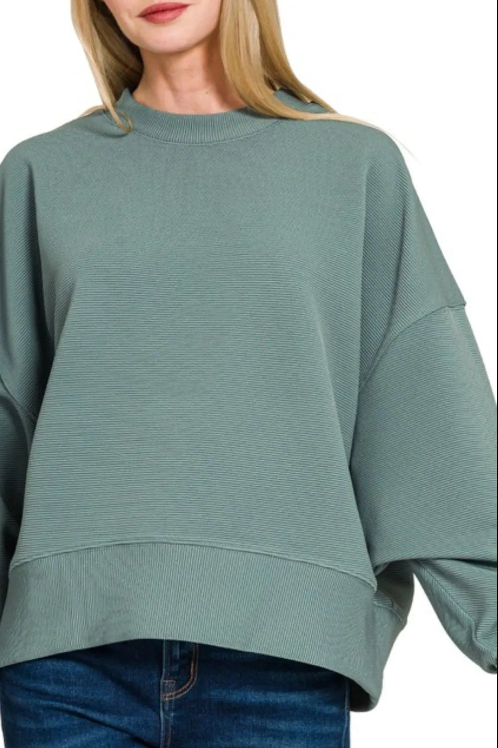 Zenana Ribbed Balloon Sleeve Sweatshirt