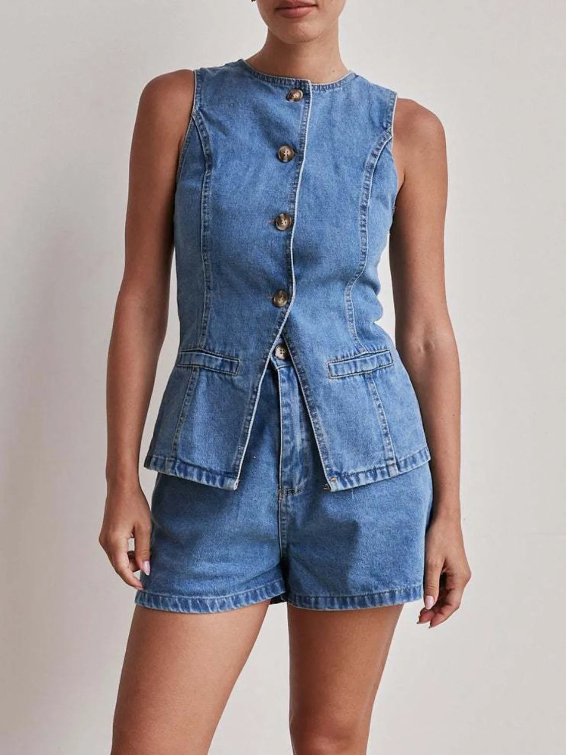Button Down Vest and Shorts Denim Set Light