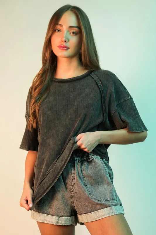 VERY J Mineral Washed Ribbed Knit Casual Top
