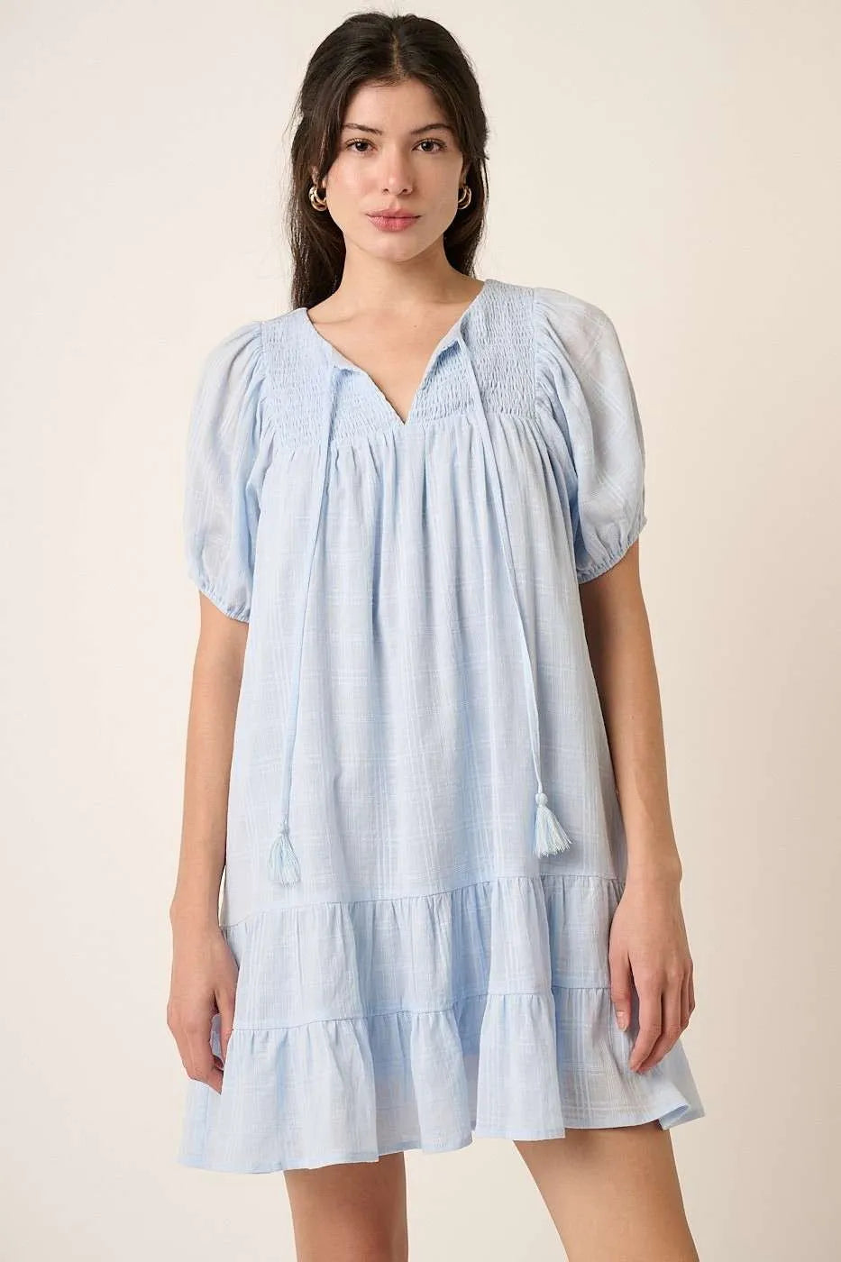 Mittoshop Tassel Tie Plaid Gauze Short Sleeve Mini Dress BLUE