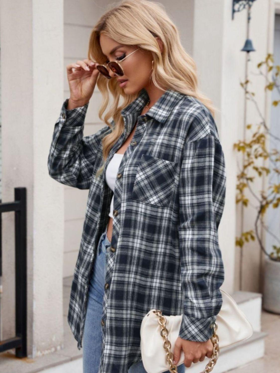 Mandy Pocketed Plaid Collared Neck Long Sleeve Shirt Dark Navy