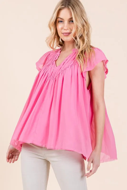 Lime 'N' Chili Solid Shirred Flutter Sleeve Chiffon Blouse