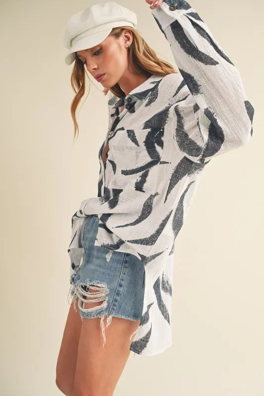 Aemi + Co High-Low Printed Button Up Long Sleeve Shirt