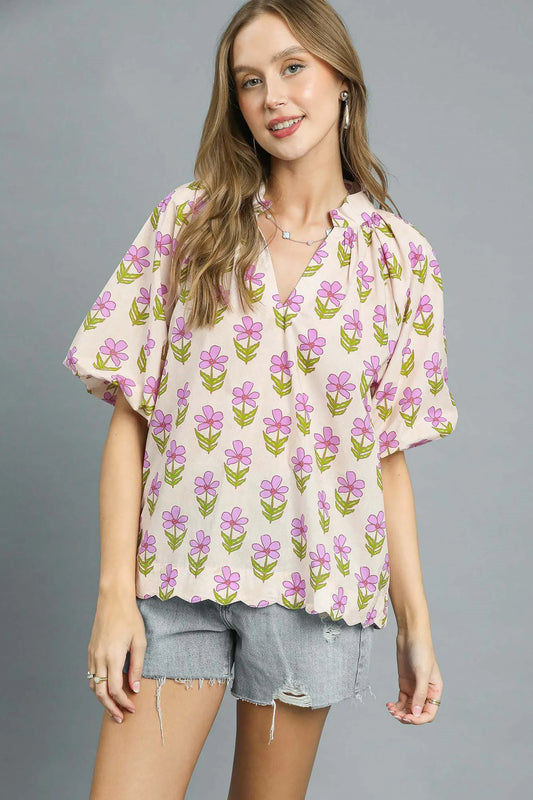 Umgee Floral Print Puff Sleeve Blouse Pink Purple