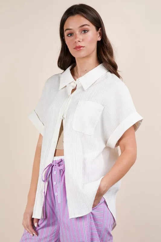 VERY J Oversized Dolman Sleeve Crinkled Woven Shirt