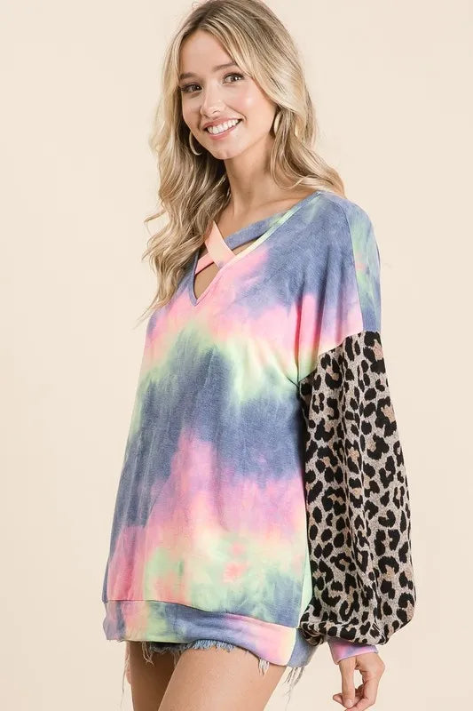 BiBi Tie Dye Terry Top with Leopard Puff Sleeves