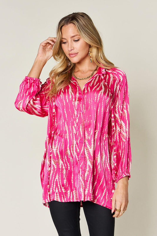 Double Take Full Size Printed Button Up Long Sleeve Shirt Hot Pink