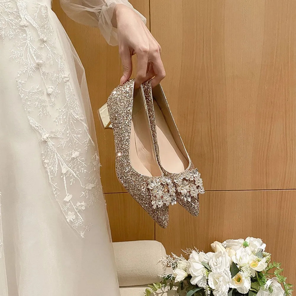 Glitter Point Toe Block Heel Pumps Rose Gold
