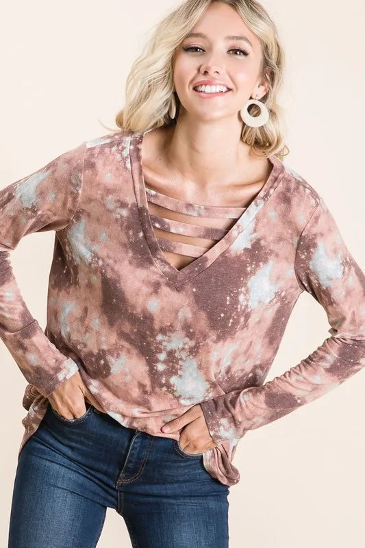 BiBi Tie Dye French Terry V-Neck Top