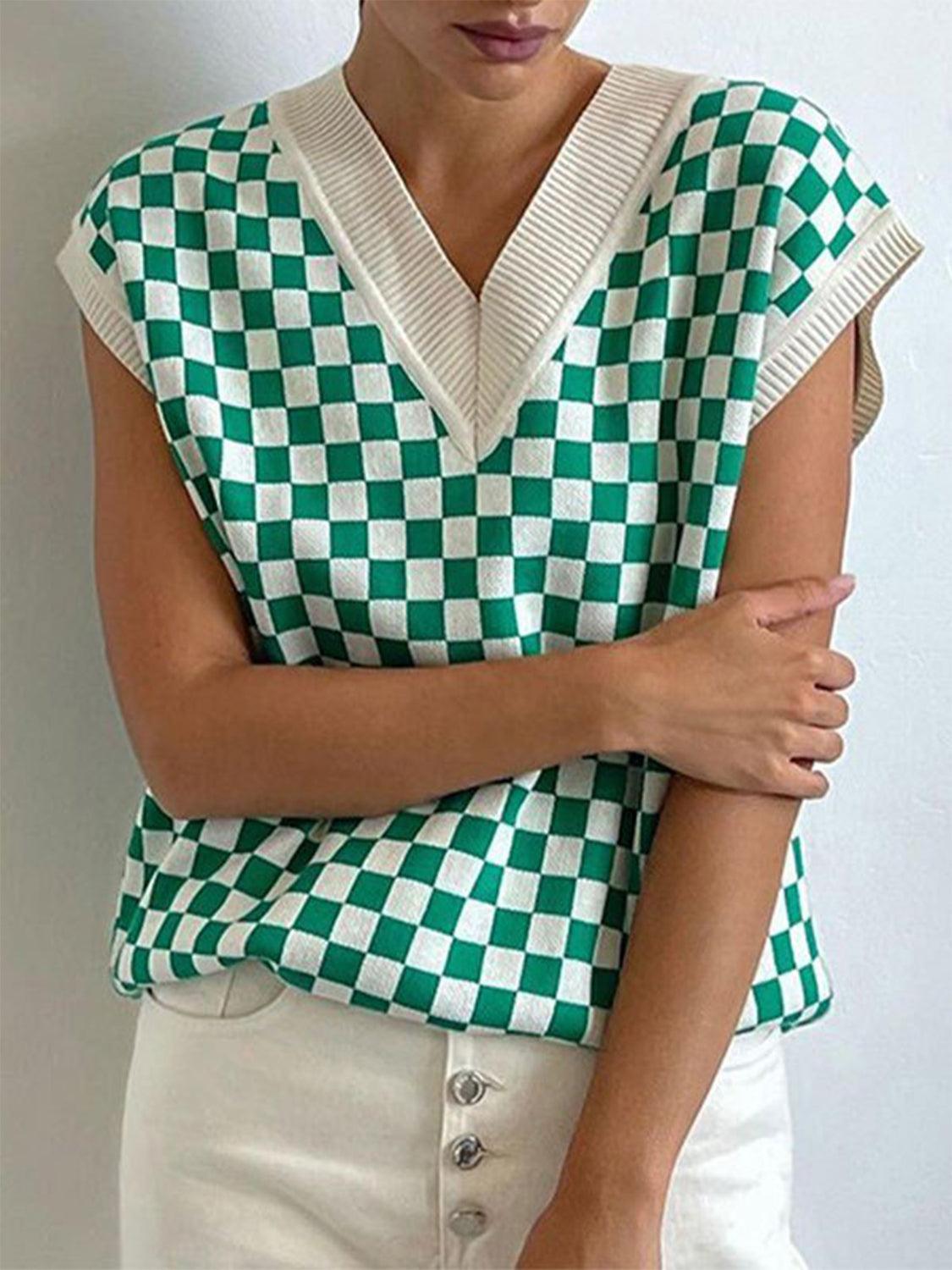 Full Size Checkered V-Neck Sweater with Cap Sleeves