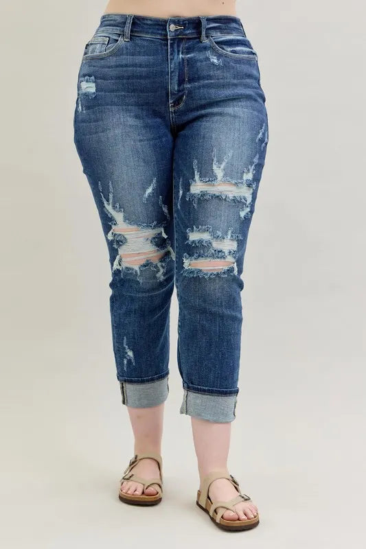 Judy Blue Full Size Mid Rise Cuffed Destroy Bf Jeans Plus Size