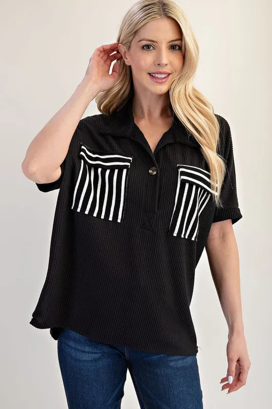 Celeste Full Size Rib Knit Collared Top with Striped Pockets Plus Size BLACK STRIPE