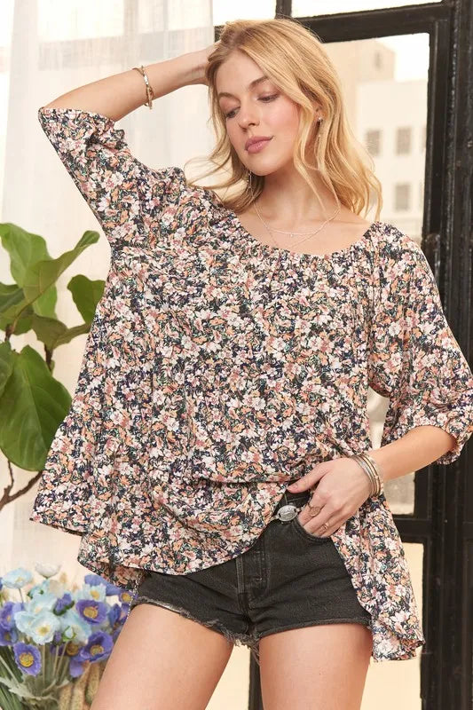 ADORA Elasticized Round Necking Floral Print Tunic Top