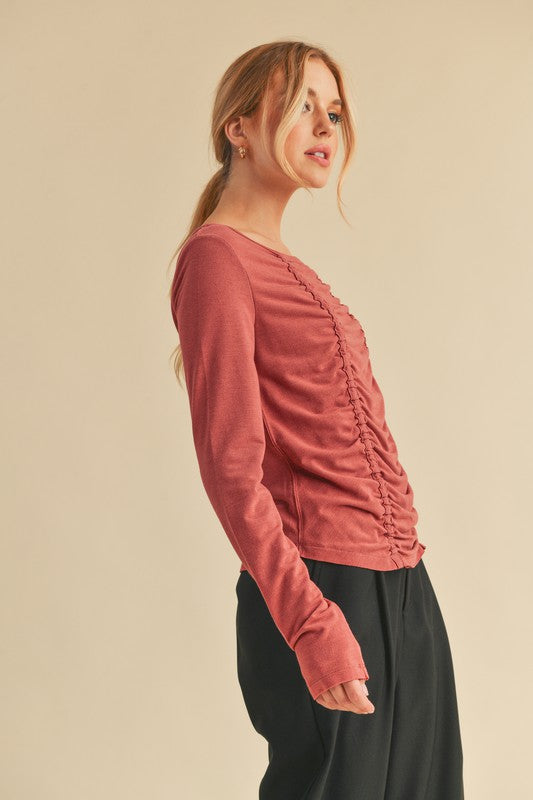 Aemi + Co Ruched Front Round Neck Long Sleeve T-Shirt