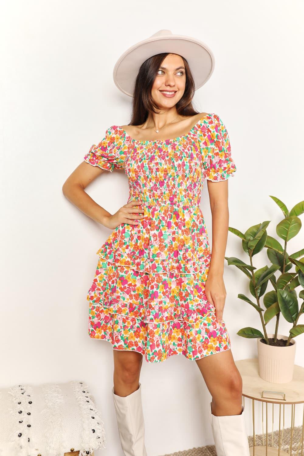 Double Take Smocked Sweetheart Mini Dress with Flounce Sleeves