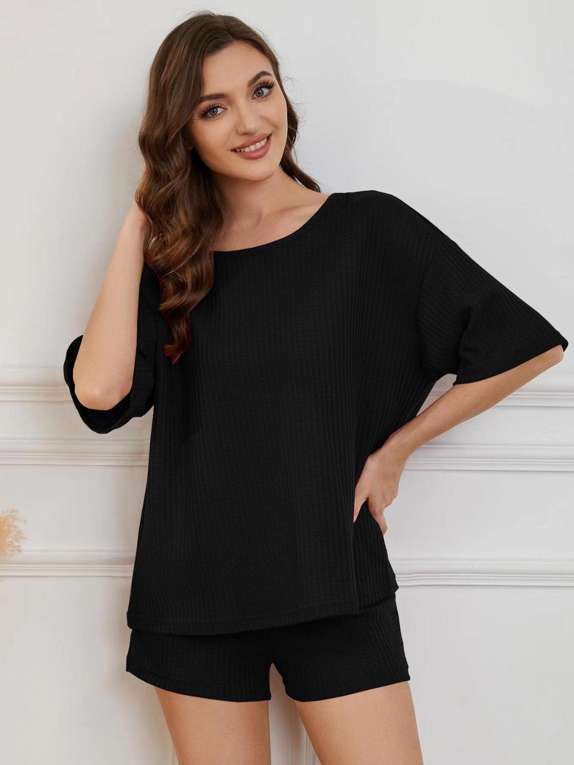 Women's Round Neck Half Sleeve Top and Shorts Lounge Set Black