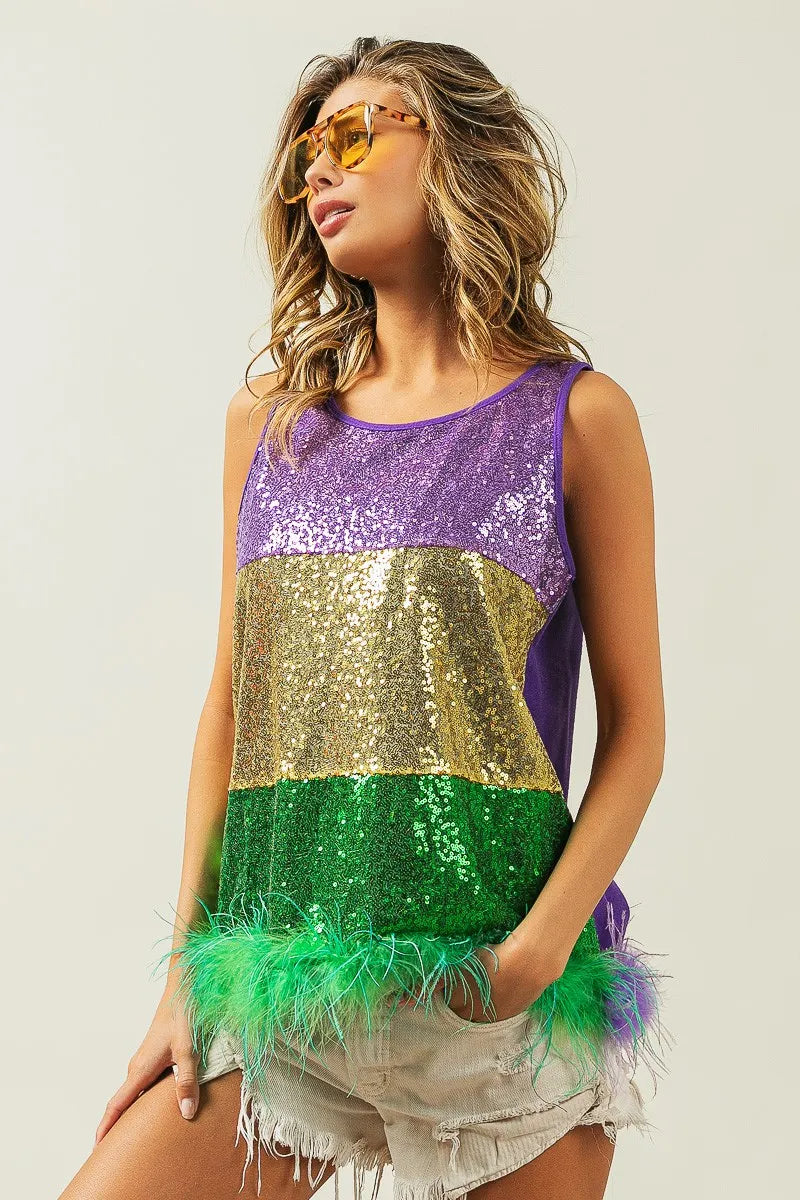 BiBi Mardi Gras Color Block Faux Feather Hem Sequin Top