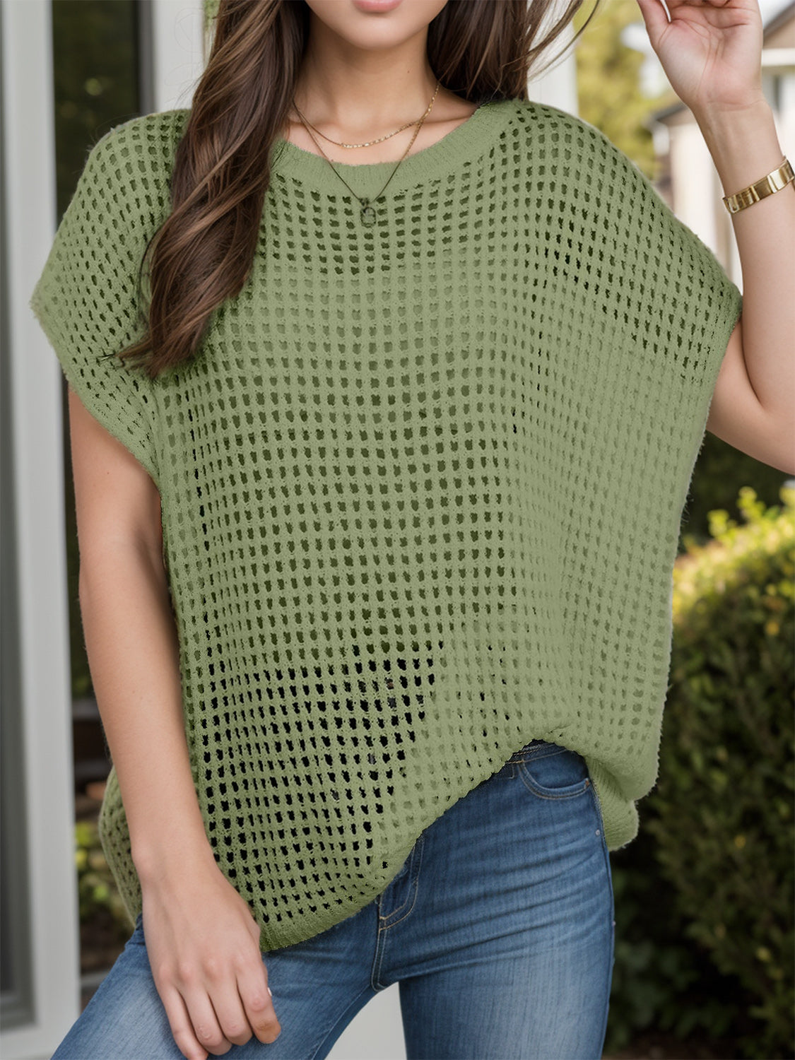 Openwork Round Neck Short Sleeve Cover-Up Moss