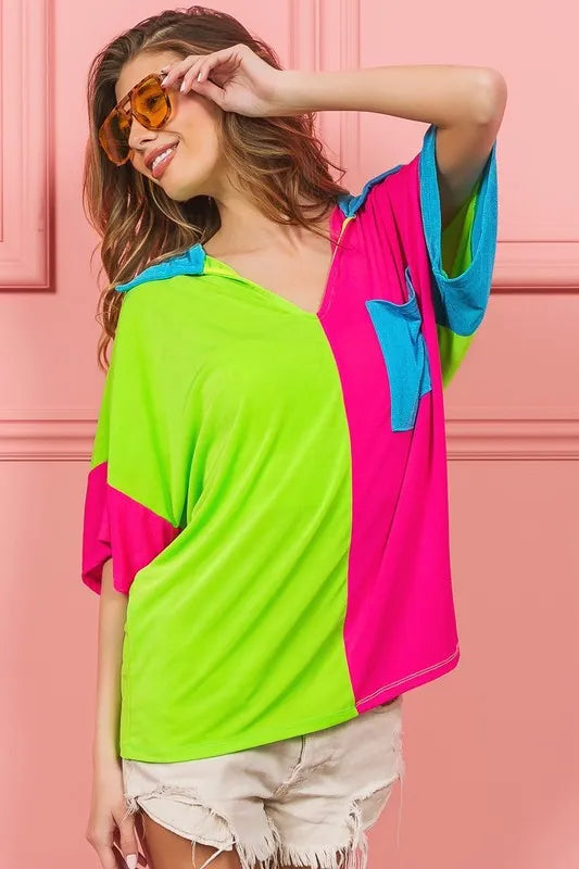 BiBi Slinky Knit Color Block V Neck Front Top
