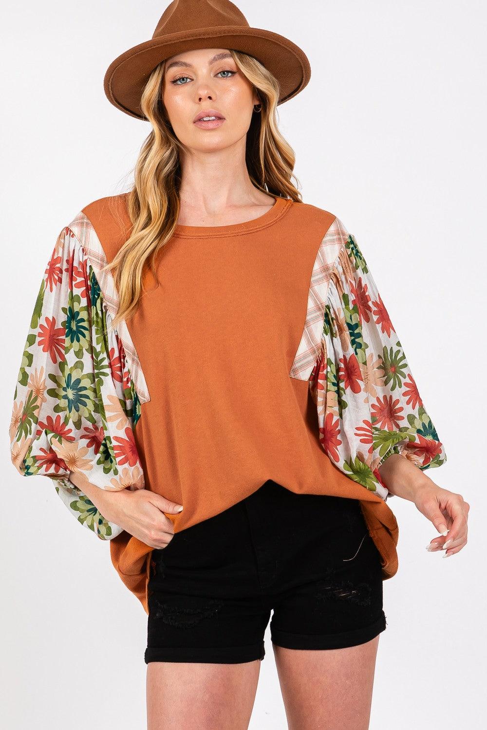 SAGE + FIG Full Size Printed Balloon Sleeve Contrast Top Caramel