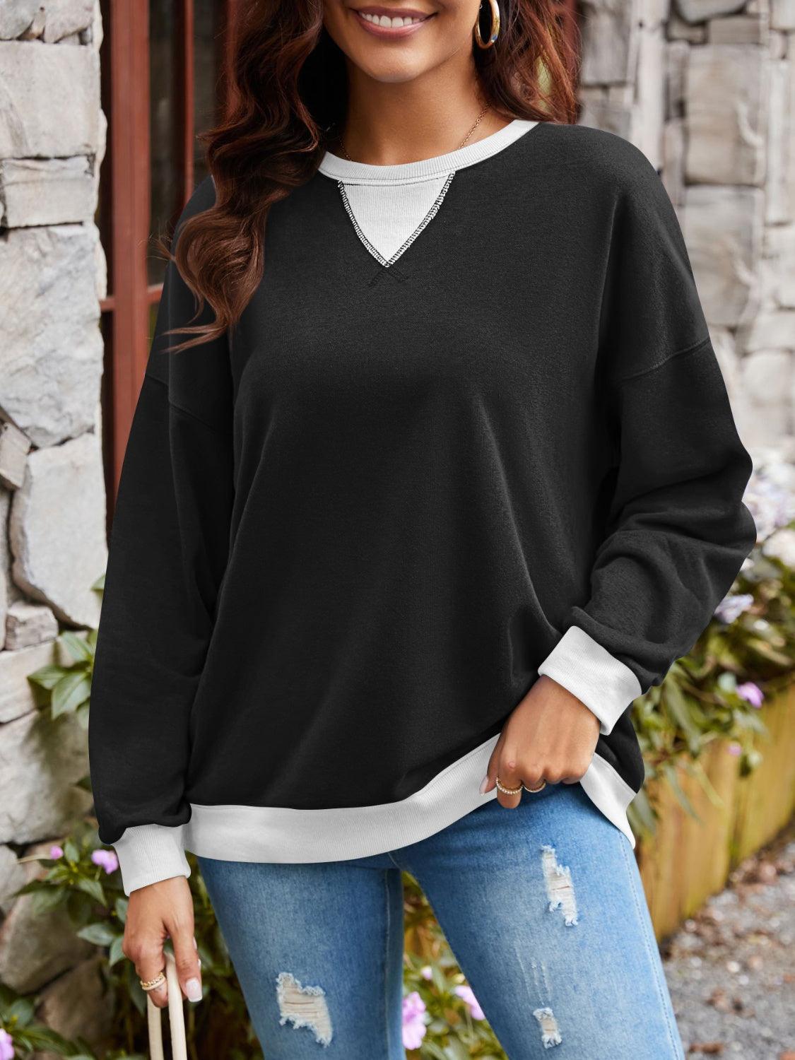 Lovelet Contrast Round Neck Long Sleeve Sweatshirt Black