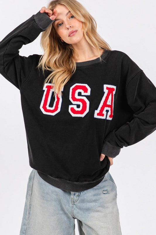 SAGE + FIG USA Letter Patch Round Neck Sweatshirt Black