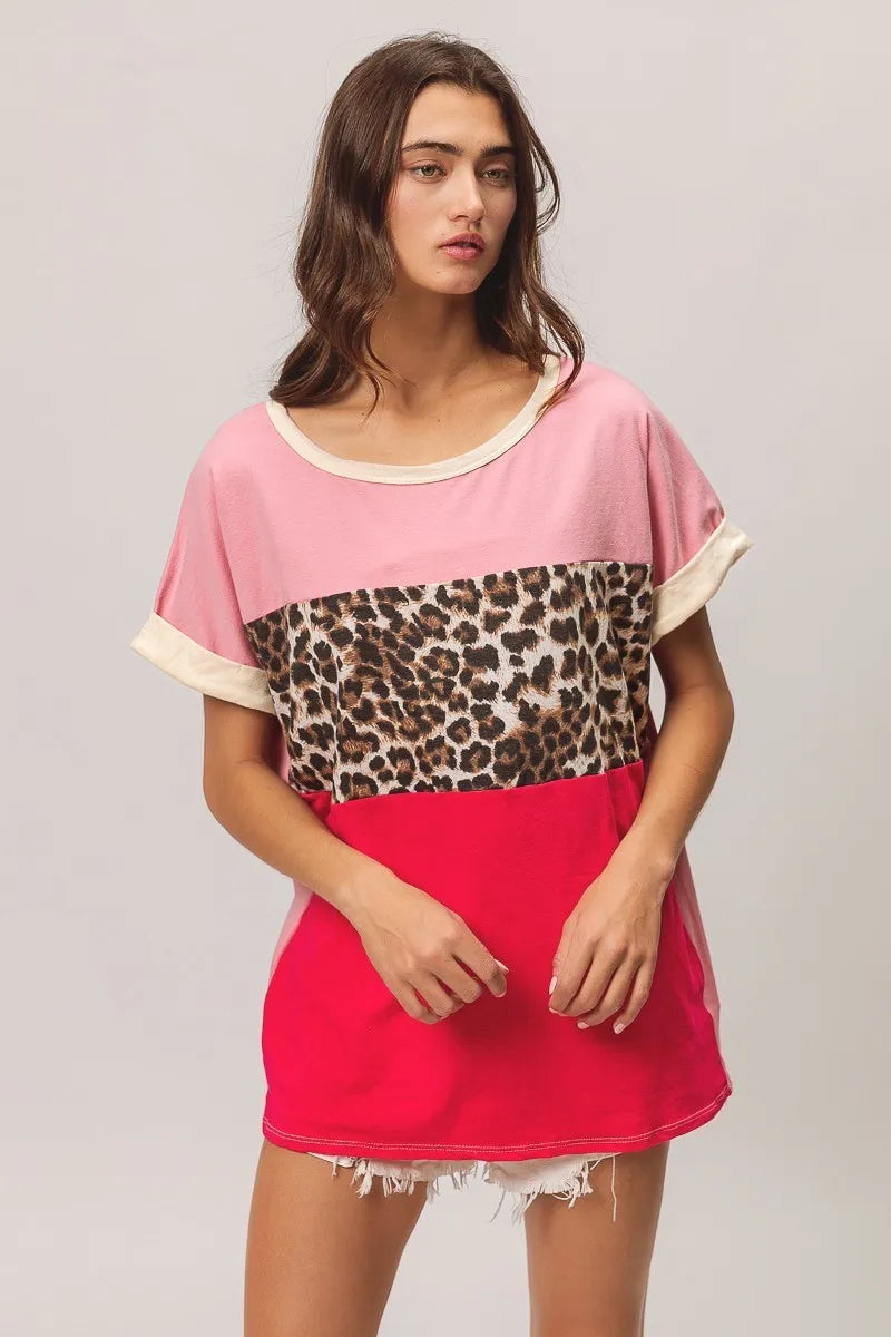 BiBi Leopard Printed Jersey Color Block Roll Up