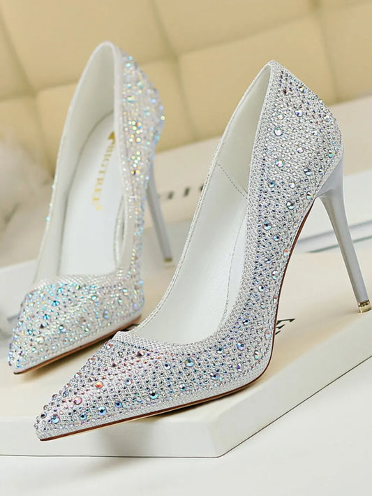 Point Toe Rhinestone Decor Stiletto Pumps White