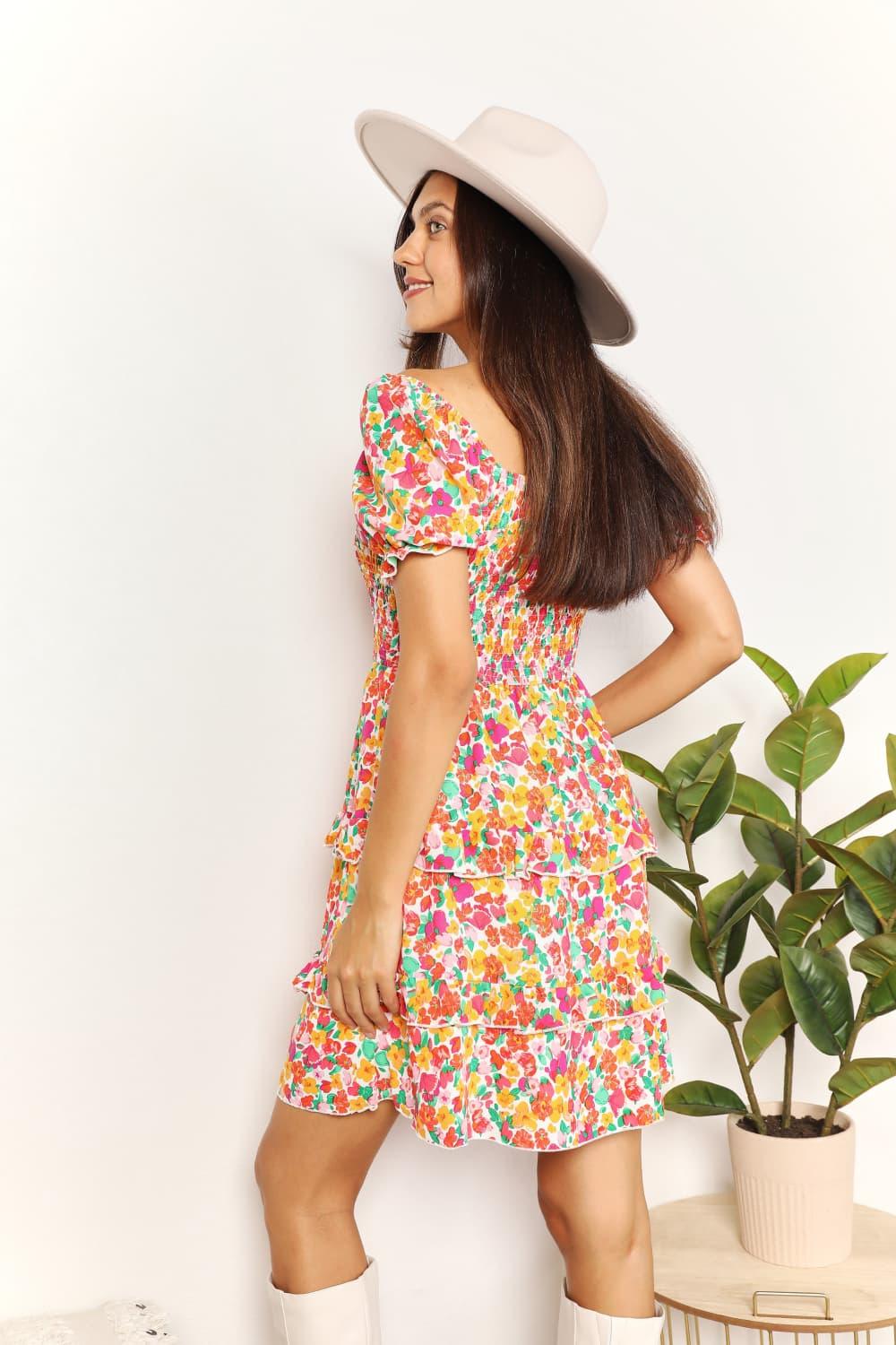 Double Take Smocked Sweetheart Mini Dress with Flounce Sleeves