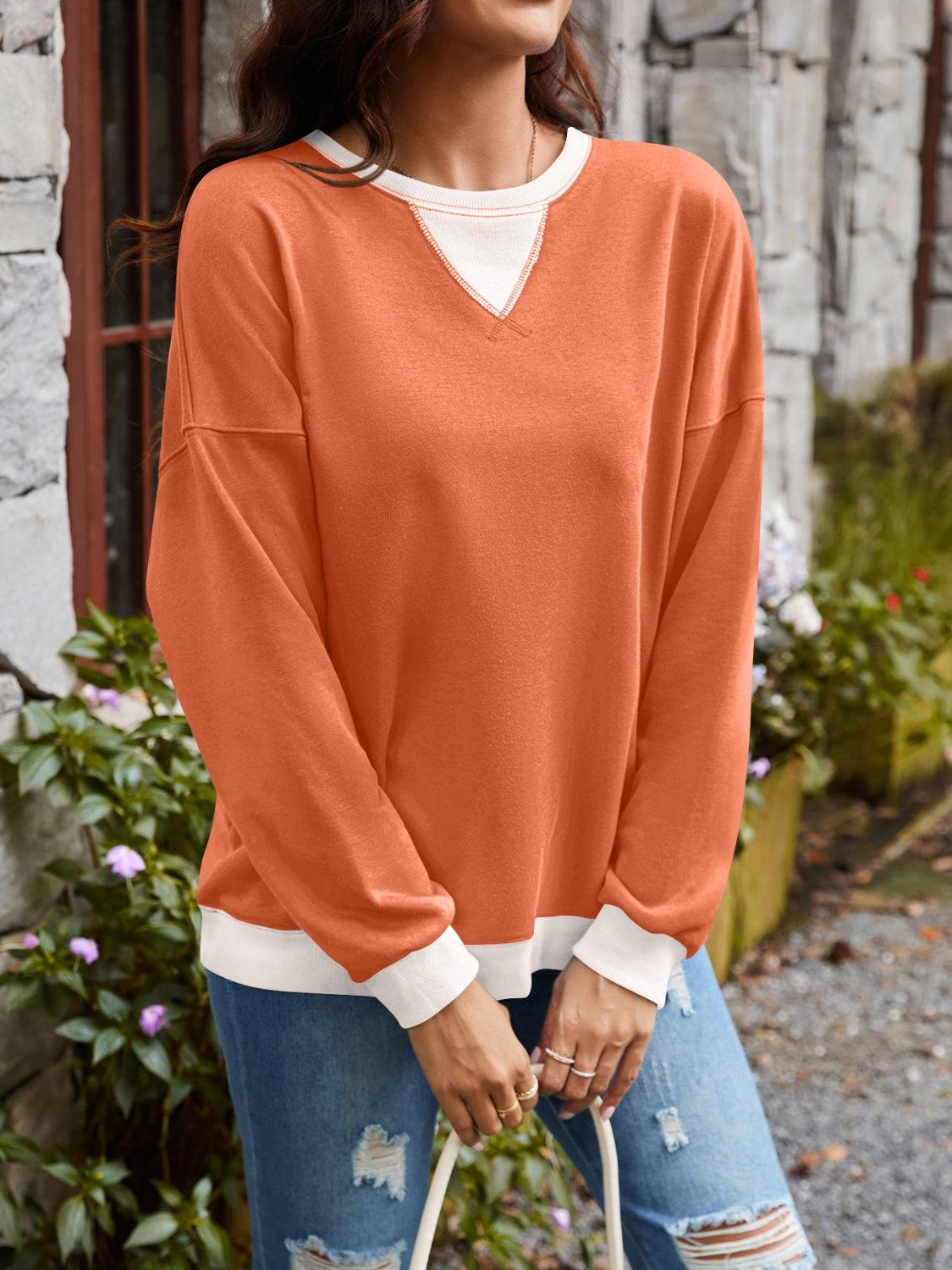 Lovelet Contrast Round Neck Long Sleeve Sweatshirt Burnt Coral